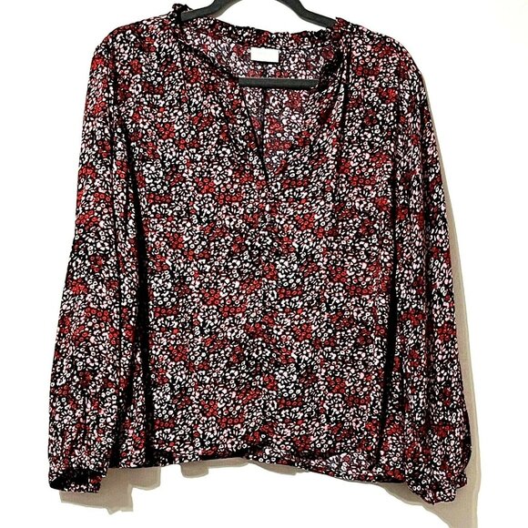 Abound women’s size M navy floral long sleeve split neck ruffled collar top - Picture 1 of 7